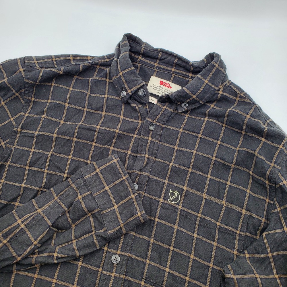 Fjallraven Ovik Flannel Shirt Mens L Regular Fit Grey Tan Plaid 82979 Cotton